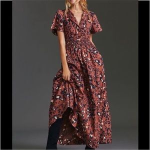 Anthropologie Maeve Somerset Rust Leopard Print Cotton Maxi Dress Size MP